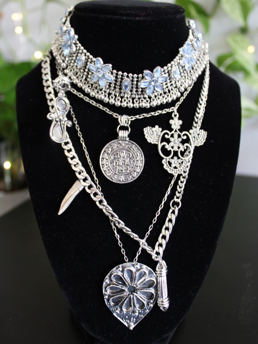Free People x Adriana Ost Blue Crystal Layered Statement Necklace - Picture 4 of 8